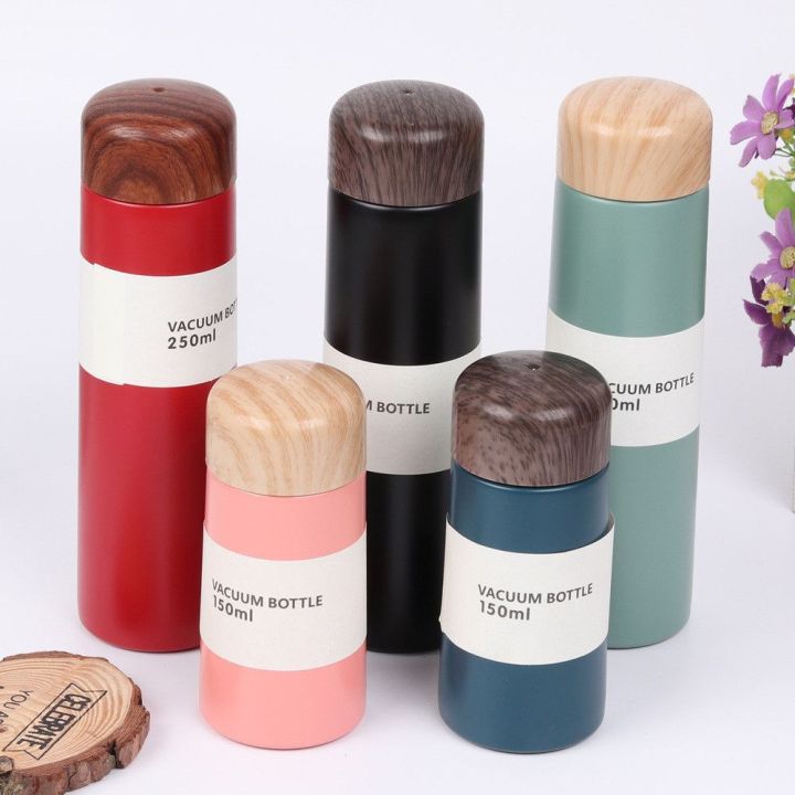 UREAN Mini Portable 150ML/250ML Drinkware Gifts Wood Grain Stainless Steel Pocket Cup Heat and Cold Insulation Cup Travel Water Bottle Vacuum Flask Thermocup Thermos