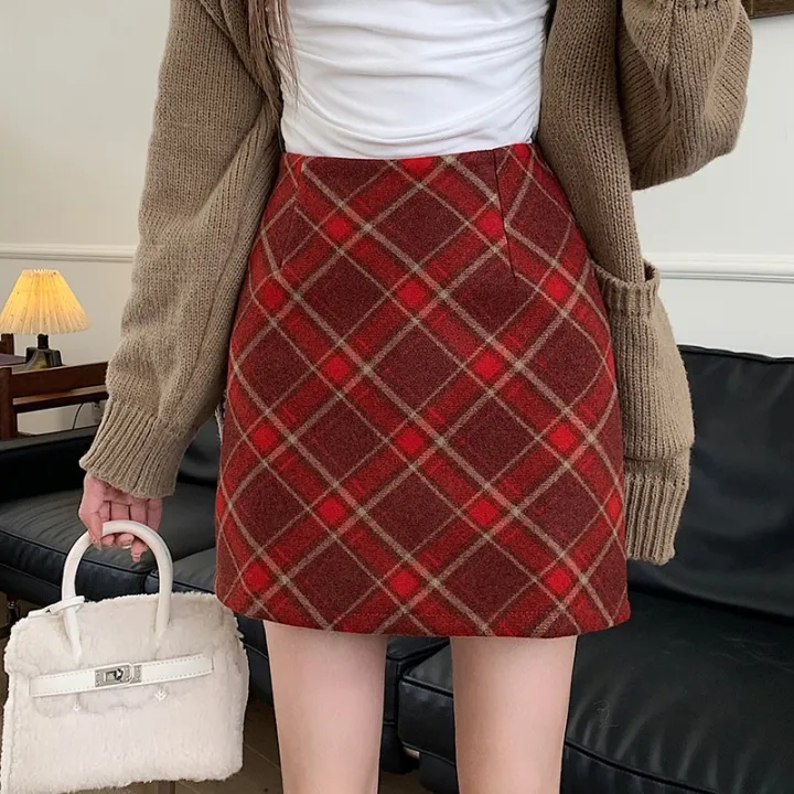 French%20red%20plaid%20woolen%20half%20women's%202023%20autumn/winter%20high%20waisted%20slimming%20A-line%20skirt,%20buttocks%20wrapped%20skirt%20-%20Image%203