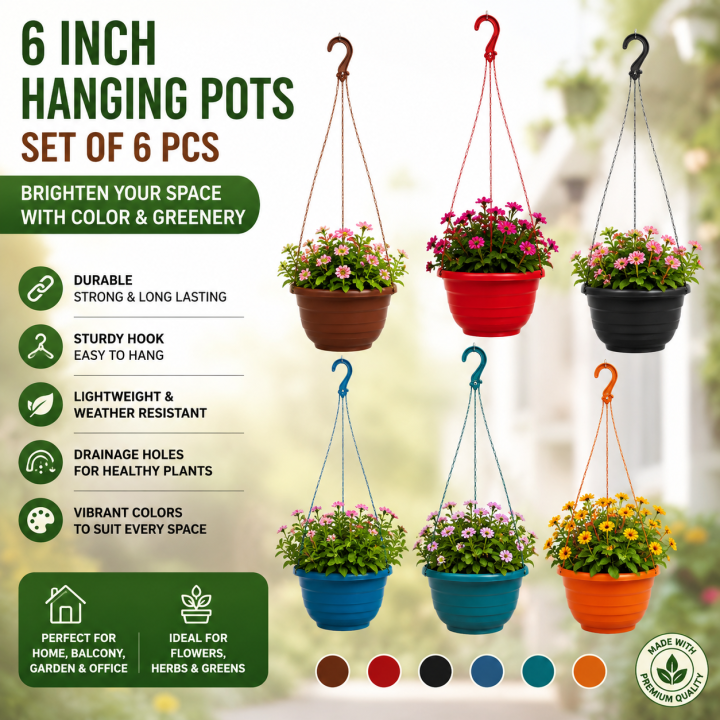 New 6-Inch Plastic Hanging Planter Pots 6-Pack for Lawn & Garden