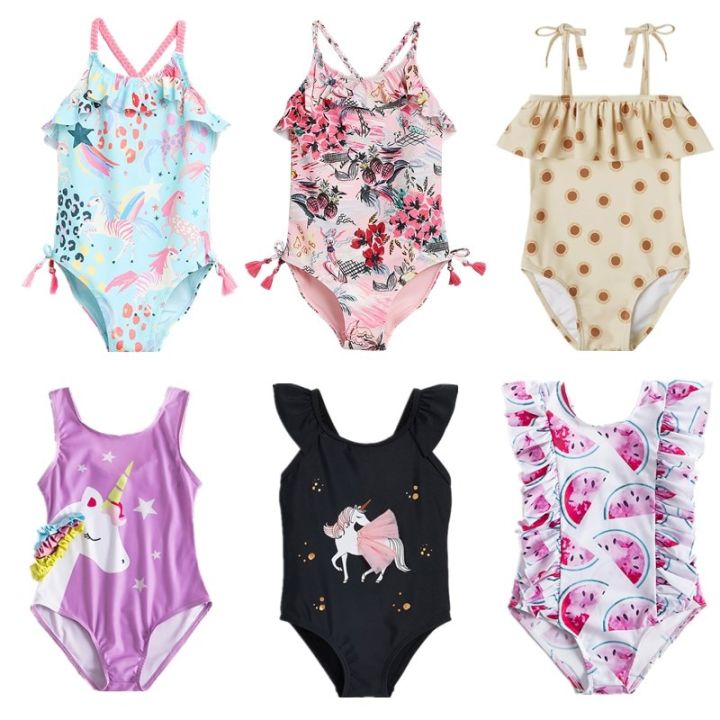 1-5 Yrs Summer Baby Printing Swimsuit for Girls Skinny One-piece Beach Bikini Swimwear Cute Cartoon Kids Swimming Outfits