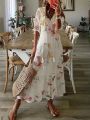Summer V Neck Half Sleeve Long Beach Dress Women Print A-Line Loose Dress Cover-Ups Boho Casual Lace Up Beach Dress Cover-Ups. 