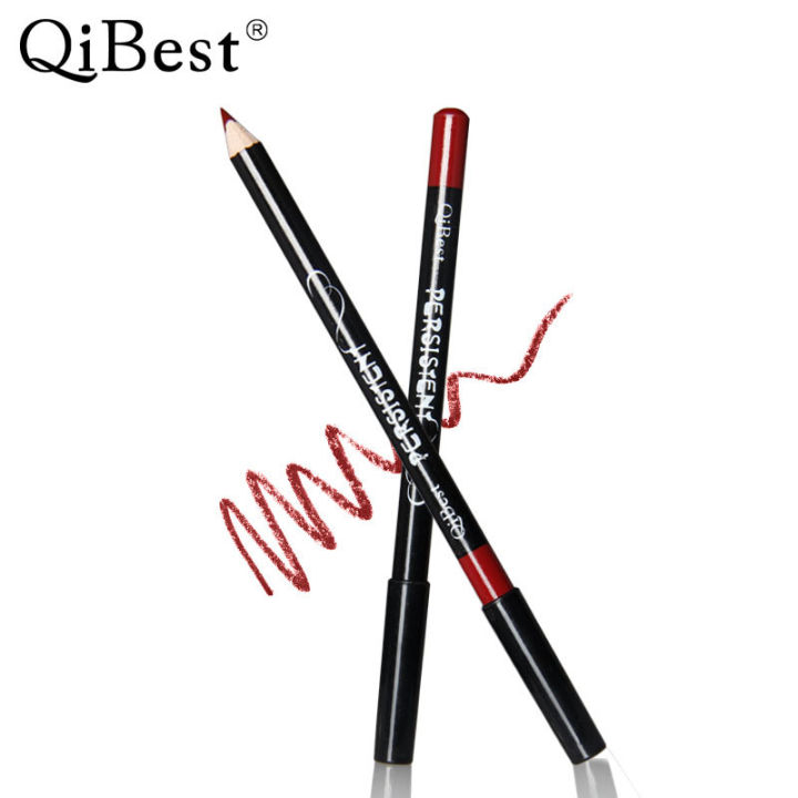 qibest Fashion Black Rod Waterproof 12 Color Lip Liner Non-Stick Cup Easy to Color Lipstick Pen Makeup