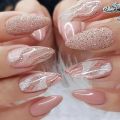 24Pcs Short Round Head False Nails Glitter Pink Almond Nails French Full Cover Press on Nails Wearable Nail Tips Manicure.