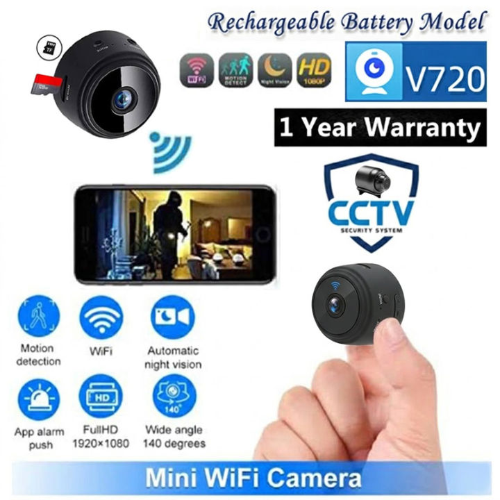 Mini CCTV Camera A9 Full HD WiFi 1080P 4K Wireless Support Night Vision 140 Degree Wide Angle Lens Motion Detection Audio Video Recording Mobile App Remote Monitoring Perfect For Indoor Outdoor Home Security Black Color