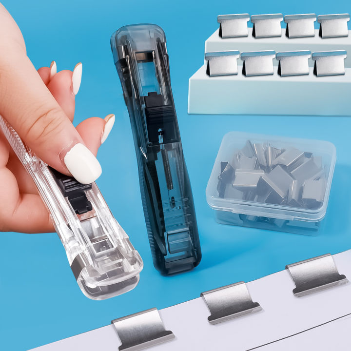Staple Metal Clip Push Hand Paper Clipper With Refill Fixing Organizing Stapler Reusable Push Clamp For Document File Stationery
