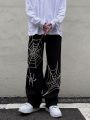 Grunge Punk spider web print Black Women's pants goth Streetwear Oversize Wide Leg Trousers 90s Vintage y2k clothes cargo Pants.