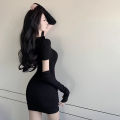 Women's Bodycon Dress Korean Version Spring Autumn Halter Hollow Out Slim Fashion Split Long Sleeves Bodycon Dress. 