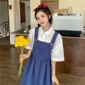 Preppy Style Suspender Skirt Outfit Girls' Summer Korean Style Loose All-Matching Slimming Mid-Length Strap Dress Fashion. 