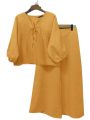 Women's Fashion Tops and Pants Elegant Women Matching Sets 2pcs Holiday Outfits Long Sleeve Solid Pleated Blouse Trousers Suits. 
