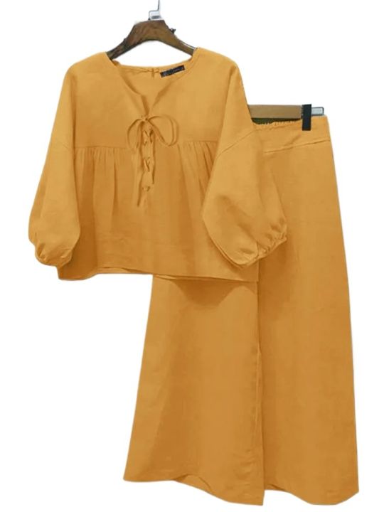 Women's Fashion Tops and Pants Elegant Women Matching Sets 2pcs Holiday Outfits Long Sleeve Solid Pleated Blouse Trousers Suits