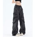 BAGGY JEANS American Style Retro Damage Feeling Spider Web Raw Hem Jeans Men's European and American Style Fried Street Loose Trousers. 