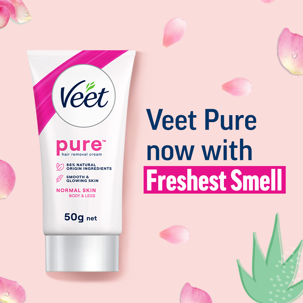 Veet Pure™ Hair Removal Cream 50g Normal Skin for Body & Legs, Freshest Smell with Organic Aloe Vera and Rose Extract, Dermatologically Tested Dermatologically Tested