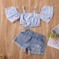 2PCS Baby Girls Off Shoulder T-shirts Tops+ Denim Shorts Outfits AU. 
