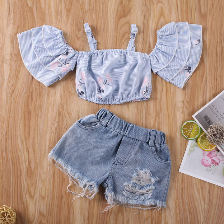 2PCS%20Baby%20Girls%20Off%20Shoulder%20T-shirts%20Tops+%20Denim%20Shorts%20Outfits%20AU%20-%20Image%203