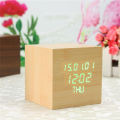 Wood Cube LED Alarm Control Digital Desk Clock Wooden Style Voice Date Week Time.