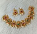 Ethnic Elephant Motif with Ruby & Emerald Stones and White Pearl Drops Temple Choker Necklace Set for Women Fashion jewelry.