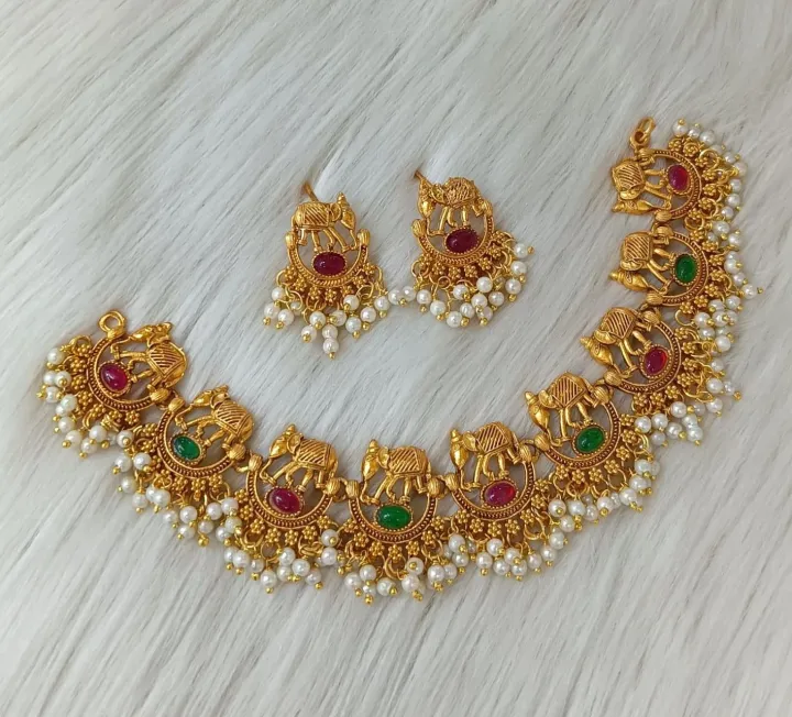 Ethnic%20Elephant%20Motif%20with%20Ruby%20&%20Emerald%20Stones%20and%20White%20Pearl%20Drops%20Temple%20Choker%20Necklace%20Set%20for%20Women%20Fashion%20jewelry%20-%20Image%203