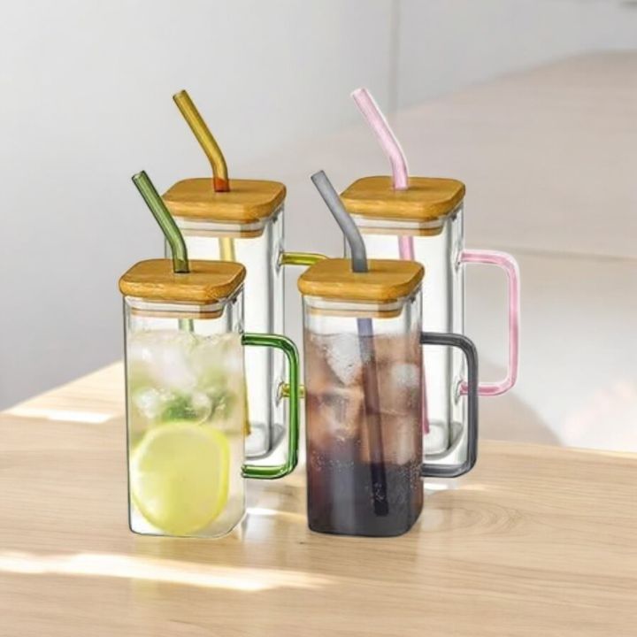 400ML Clear Glass Cup with Colorful Handle, Bamboo Lid, and Straw ...