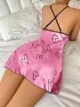 Heart Letter Print Nightdress Casual Round Neck Spaghetti Strap Sleep Dress Women's Sleepwear Dresses. 