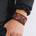 Punk Black Wide Bracelet for Men Nordic Viking Designer Gothic Bracelet Men's Leather Adjustable Wristband Jewelry. 