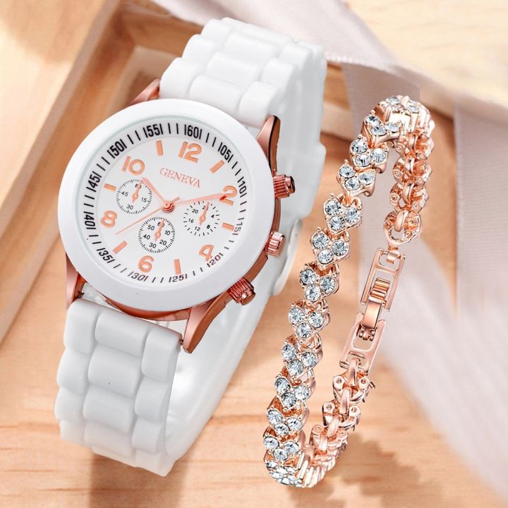 Imported High-quality 2pcs Women's Quartz Watch Set Ladies Silicone Strap Wristwatch and Bracelet Girl Waterproof Casual Watches