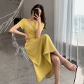 Lucyever Fashion Hollow Out Midi Dress for Women Korean Style High Waist Short Sleeve Dresses Woman Elegant Slim Fit Vestidos.