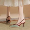 Qiaoqi Silver Closed Toe Sandals Women's Pointed Stiletto Heel High Heels 2024 Summer New Bow Color Matching Back Open Shoes. 