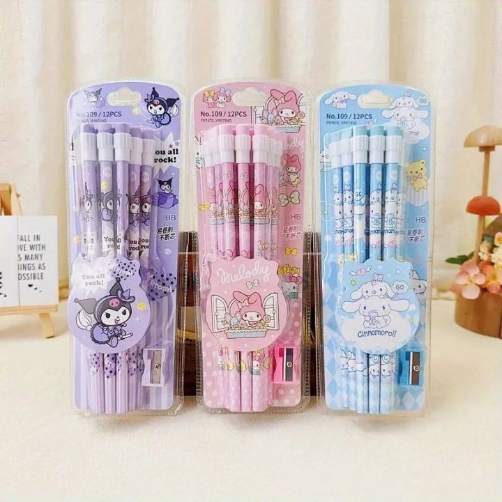 12PCS Sanrio Hello Kitty Cinnamoroll Cute Cartoon HB Pencils, 12 Pencils 1 Pencil Roller Stationery Box Set, Writing Drawing