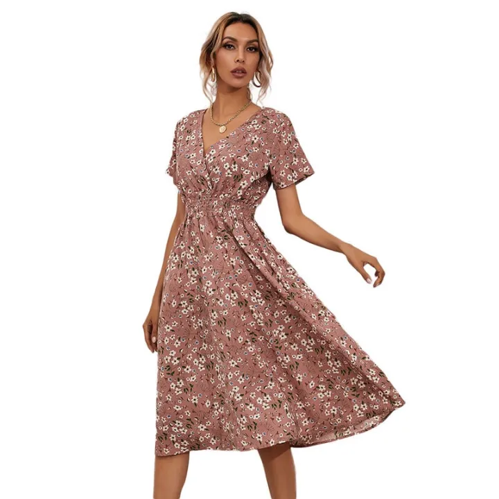 Yellow%20Vintage%20Floral%20Print%20Women%20Summer%20Dress%20Casual%20V-neck%20Short%20Sleeve%20A-line%20Chiffon%20Beach%20Midi%20Dresses%20Vestidos%20-%20Image%203