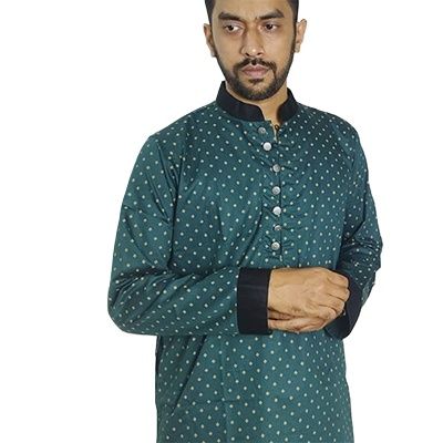 Bottle Green Panjabi for Men_Exclusive Indian Punjabi with Silver Button and Black Sleeves