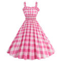Manufacturers supply a large number of spot Barbie powder suspender party casual polka dot plaid print dress.