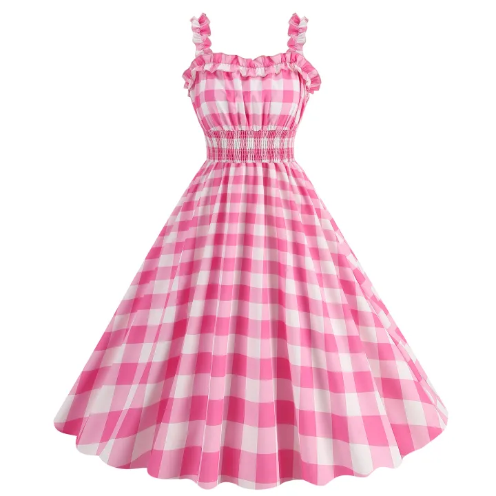 Manufacturers%20supply%20a%20large%20number%20of%20spot%20Barbie%20powder%20suspender%20party%20casual%20polka%20dot%20plaid%20print%20dress%20-%20Image%202