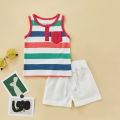 2 Pcs Newborn Casual Outfits, Baby Boys Contrast Color Round Neck Tank Tops with Pocket + Drawstring Shorts 0-3T. 