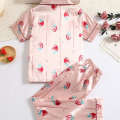 Girls' summer sleepwear thin design children's baby strawberry color Ding ice silk cool and cute home clothes two piece set. 