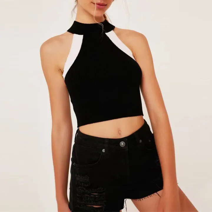 Women%20Knit%20Halter%20Tank%20Tops,%20Adults%20Summer%20Color%20Block%20Ribbed%20Round%20Neck%20Crop%20Tops%20-%20Image%203