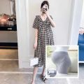 insWestern Style Summer Maternity Dress Loose Slimming Plaid Skirt Summer Fashionable Long Summer Maternity Dress.
