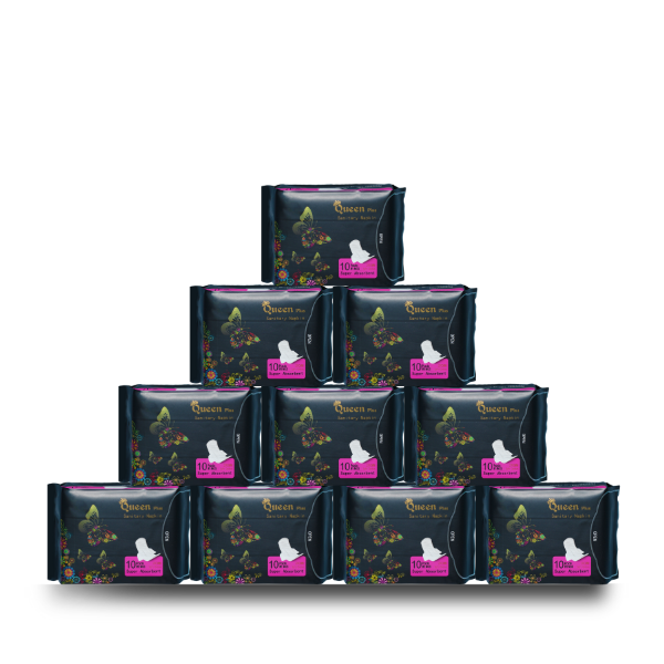 Queen Plus Sanitary Napkin - Wings system - Ultra Thin - 100% Cotton - Combo of 10 Pack - 100 Pads