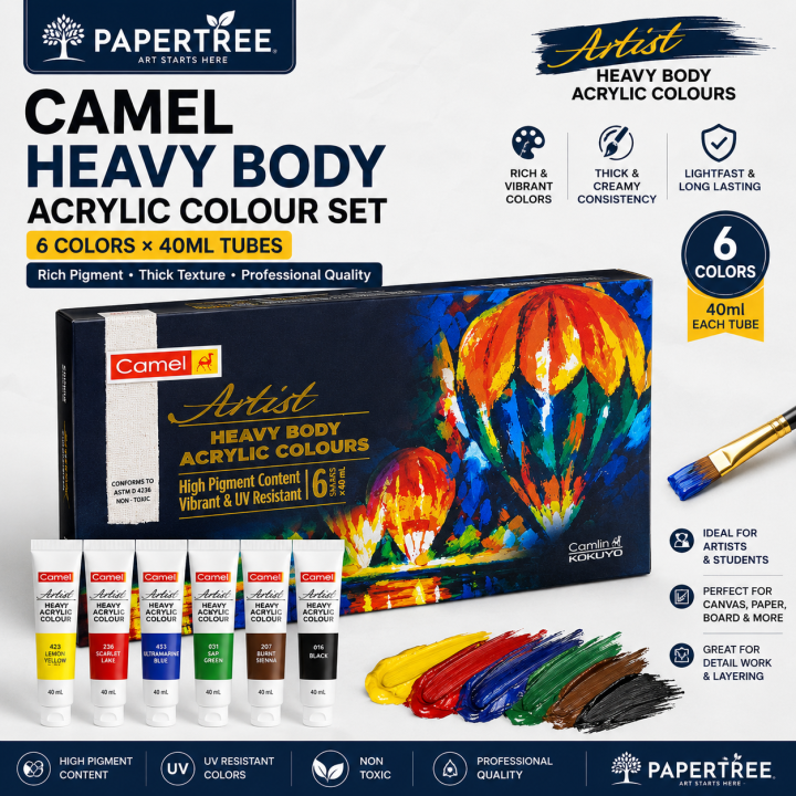 Camel Heavy Body Acrylic Colour Set 6 Colors × 40ml Tubes for Painting & Artwork