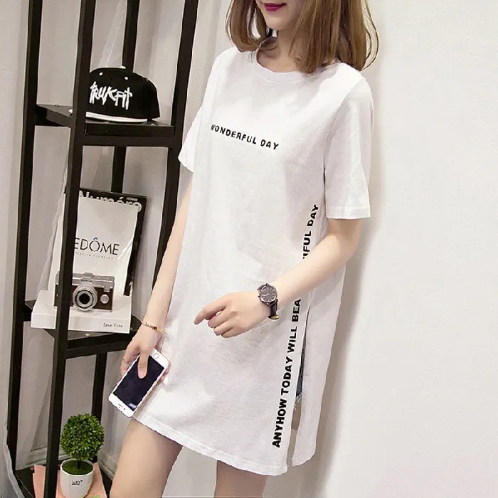 2023%20Mid-Length%20T%20T-shirt%20Women's%20Short%20Sleeve%20Loose%20Summer%20Letters%20Slit%20Overknee%20round%20Neck%20T%20Women's%20T-shirt%20-%20Image%206