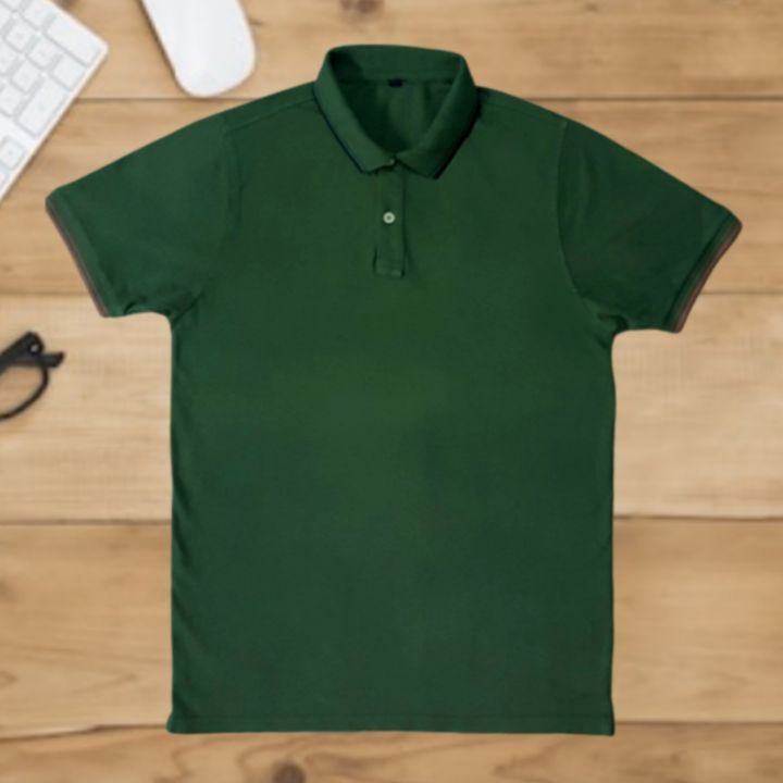 GENT'S PURE COTTON DEEP GREEN, HALF-SLEEVE PIQUE POLO SHIRT