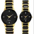 Couple Gold & Black Watch With Box Metal Chain - Watch.