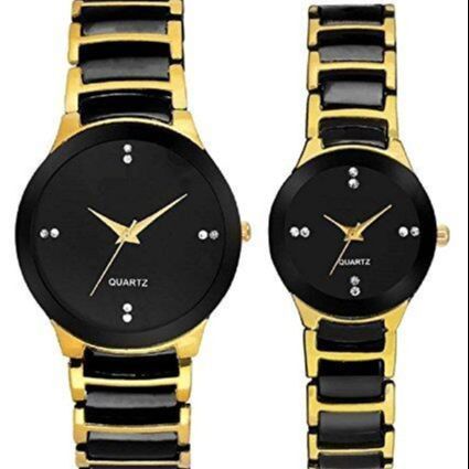 Couple Gold & Black Watch With Box Metal Chain - Watch