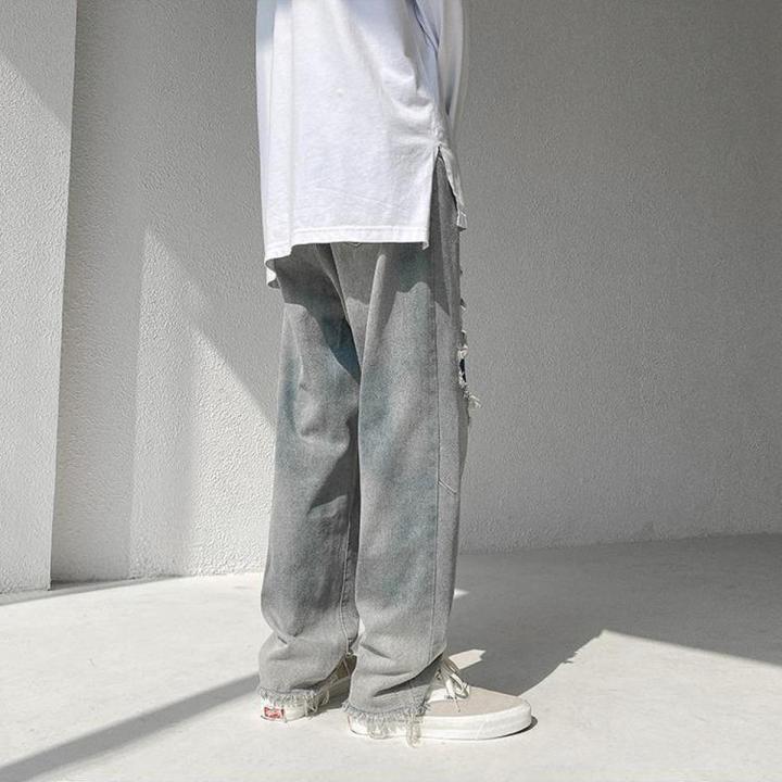 Ripped Jeans Men's European and American High StreetinsTrendy All-Match Loose Straight Wide Leg Pu Handsome Cropped Pants Men