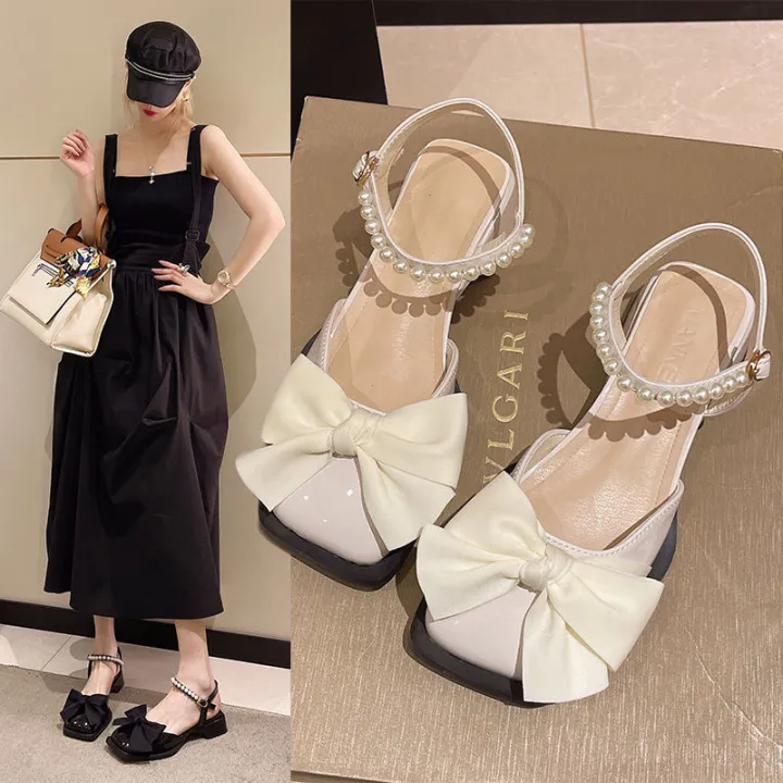 Baotou%20Sandals%20Women's%202024%20New%20Summer%20Bow%20Pearl%20Low%20Heel%20Small%20Leather%20Shoes%20Wedge%20Heel%20Women's%20Singles%20Shoes%20Women's%20Shoes%20-%20Image%202