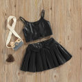 (New) kids girls casual suit solid color sleepveless sling tops button pleated short skirt, black. 