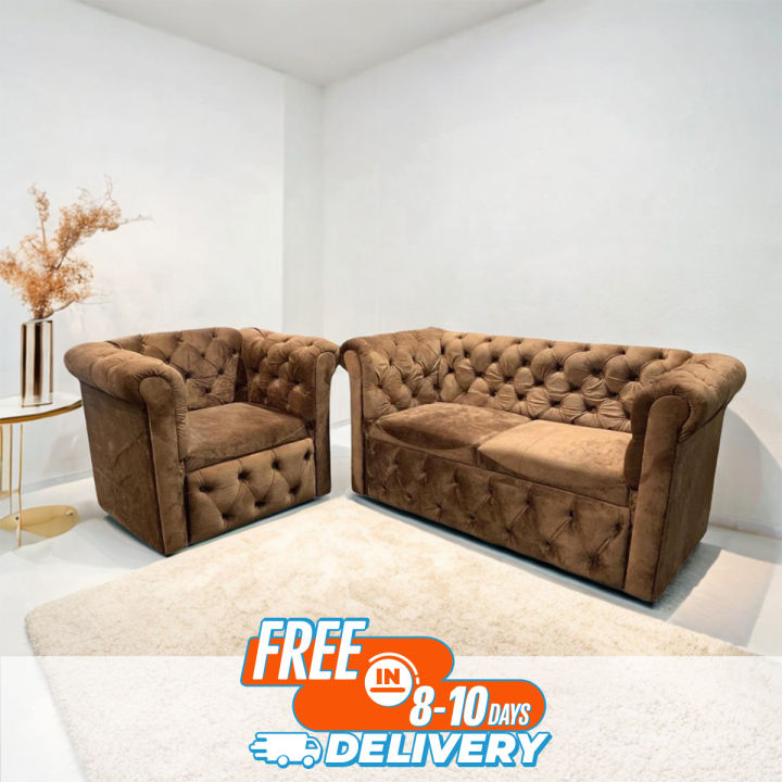 Velvet Button Tufted Chesterfield Sofa Set Brown Living Room Furniture ...