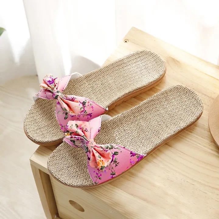 Women%20Summer%20Casual%20Slides%20Comfortable%20Flax%20Slippers%20Striped%20Bow%20Linen%20Flip%20Flops%20Platform%20Sandals%20Ladies%20Indoor%20Shoes%20-%20Image%204