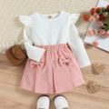 DSstyles 2 Pieces Baby Girls Skirt Set Cute Long Flying Sleeves Round Neck Tops Pleated Skirt With Bowknot Cotton Outfits For Girls.