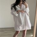Korean Style Simple Elegant Lapel Shirt Dress Women's French Style Loose Casual Bandage Dress Inner Wear Shirt Dress. 