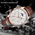 2022 LIGE Watches Mens Top Brand Luxury Clock Casual Leathe 24 Hour Moon Phase Men Watch Sport Waterproof Quartz Chronograph+Box. 